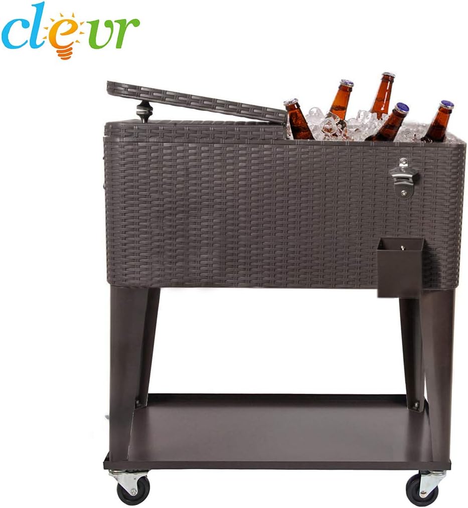 80 Quart Qt Rolling Cooler Ice Chest Cart for Outdoor Patio Deck Party, Dark Brown Wicker Faux Rattan Tub Trolley, Portable Backyard Party Drink Beverage Bar, Wheels with Shelf & Bottle Opener