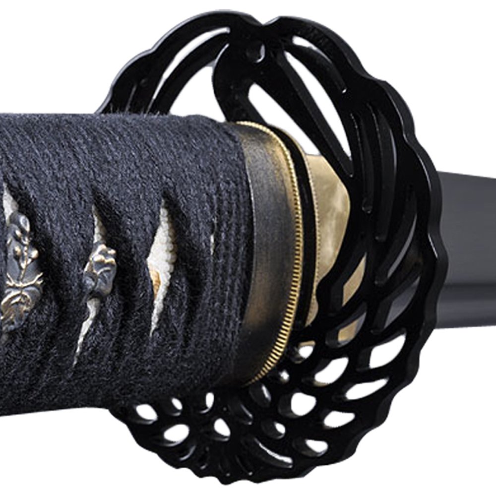 Handmade Sword - Functional Long Handle Samurai Katana Sword, Sharp 1080 Carbon Steel Blade, Heat Termpered, Full Tang, Crane Tsuba, Black Scabbard, Certificate