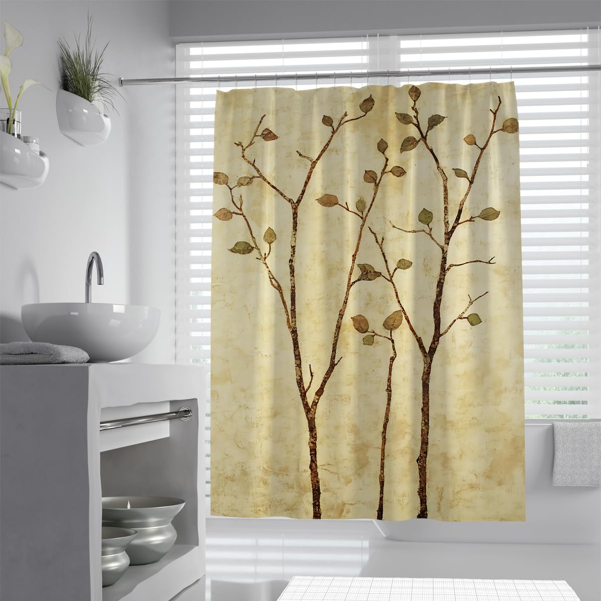 OLLIAR Home Minimalist Tree Fabric Shower Curtain 150x180 Art Style Abstract Polyester Fabric Waterproof Bath Curtain Modern Luxury Bathroom Curtains with Hooks