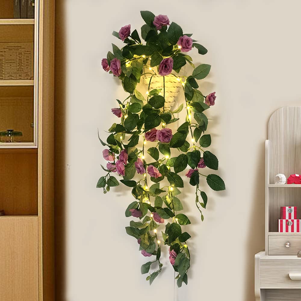 buywin Hanging Rose Fairy Light Fake Rose Garland with Copper String Lights USB Plug in Rose Vine Lamps Artificial Flower Plants Wall Decor for Home Office Party Wedding Banquet Festival(Purple)