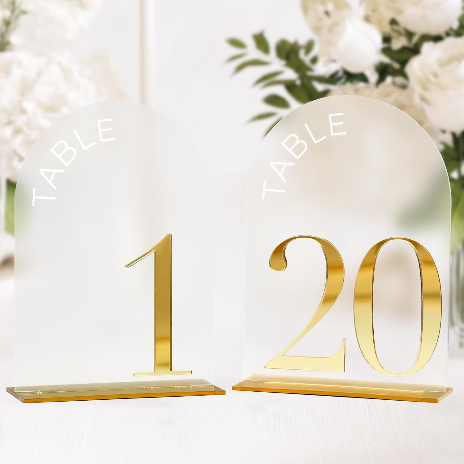 Frosted Arch Wedding Table Numbers 1-20 with Stand, 20 Pack 5x7 Inch Frosted Acrylic Signs with Gold Number, Arched Acrylic Table Numbers for Wedding Reception