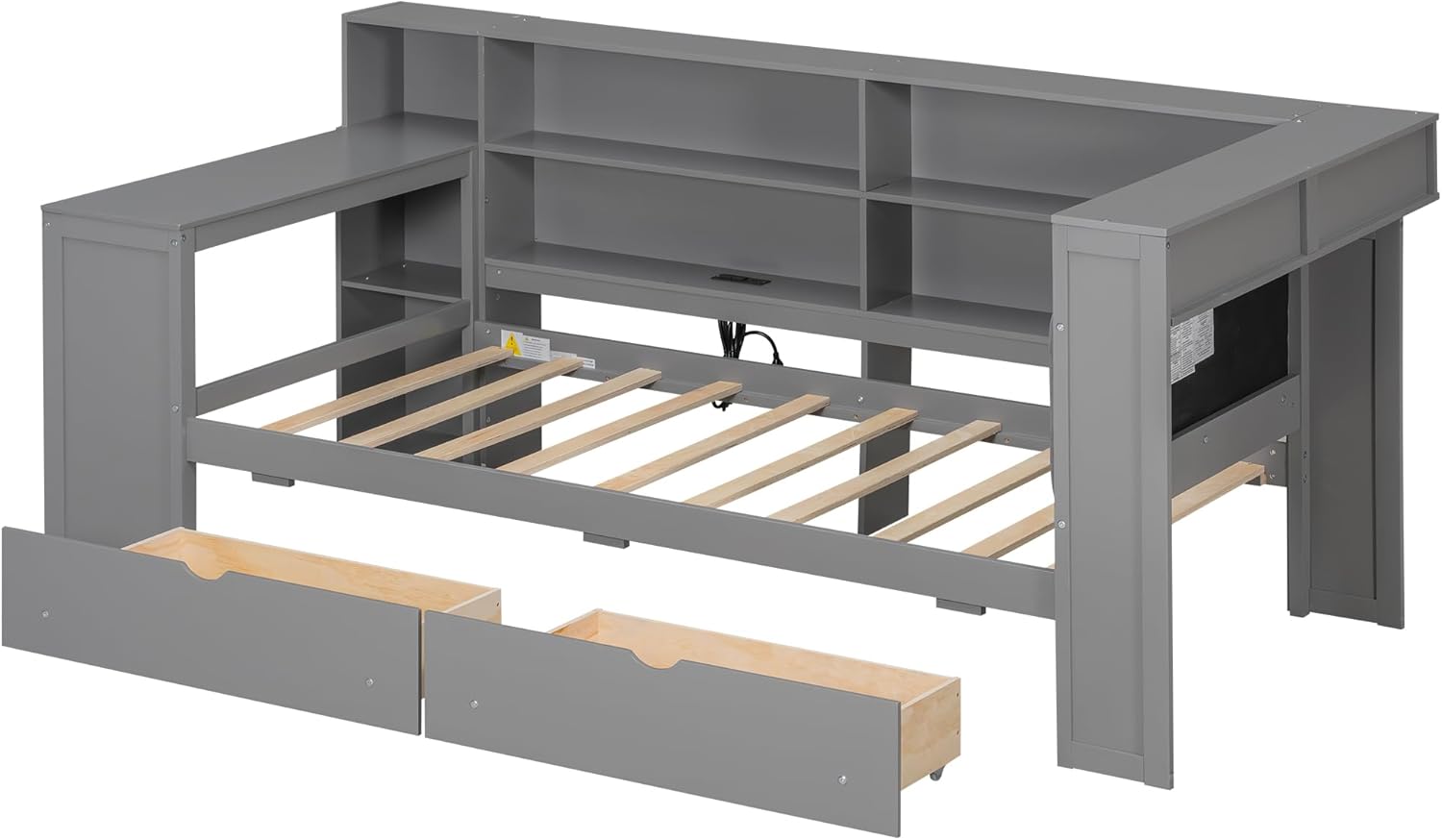 Twin Size Corner Bed Frame with Storage Drawers and Desk,Captain Daybed with L-Shaped Bookcase and LED Lights,Corner Bed Twin Size with Charging Station for Kids,Teens,Adults,Gray