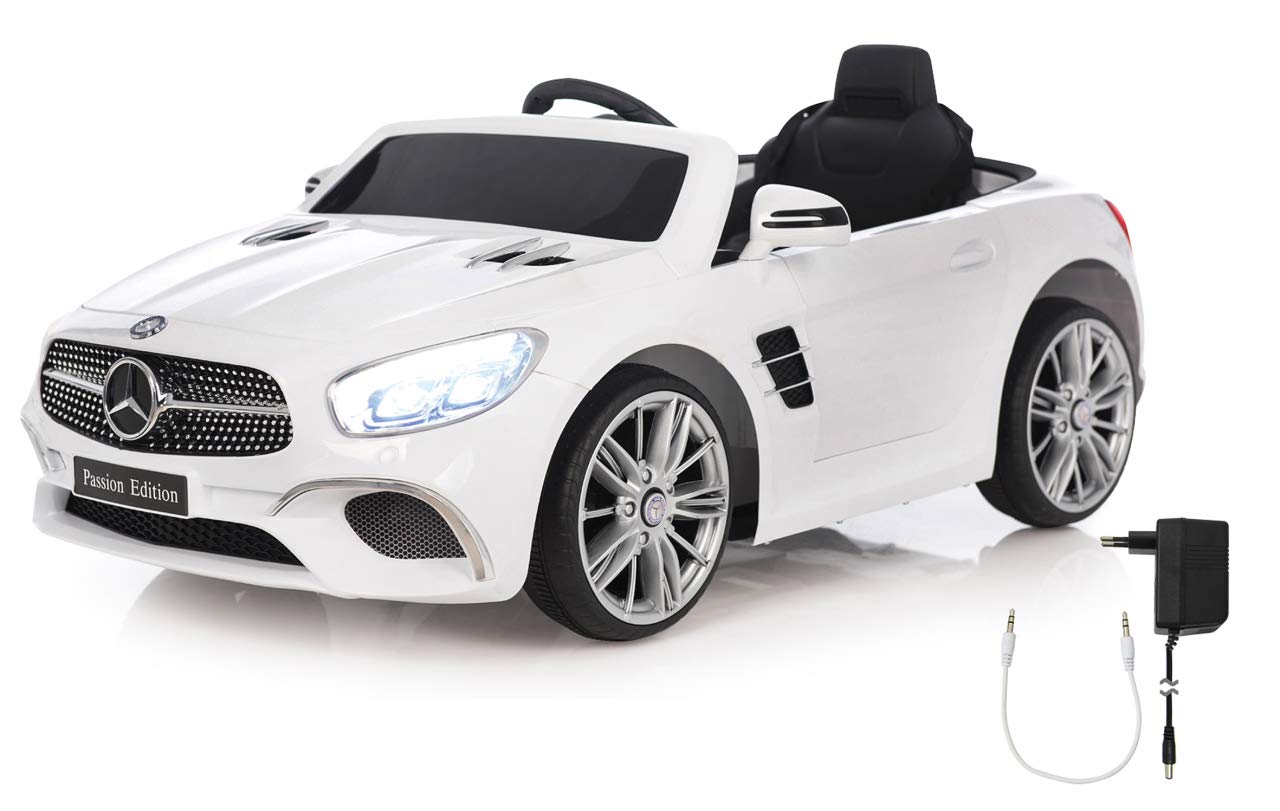 Jamara 460438 - Ride-​on Mercedes-​Benz SL 400 Blanc 12V - Démarrage sans Clé par Bouton, Logement Micro SD, AUX, USB, Lumière LED, Klaxon, Accu Puissant, Roues Ultra-​Grip