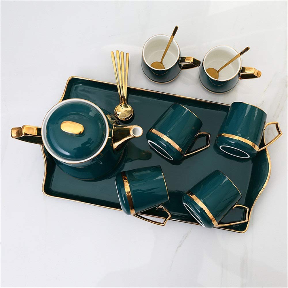 Juego de Tazas de té y café de cerámica de Estilo nórdico con Detalles Dorados. Incluye 6 Tazas y cucharas de té con Bandeja de cerámica para Tetera (Juego de 14 Unidades en Verde)