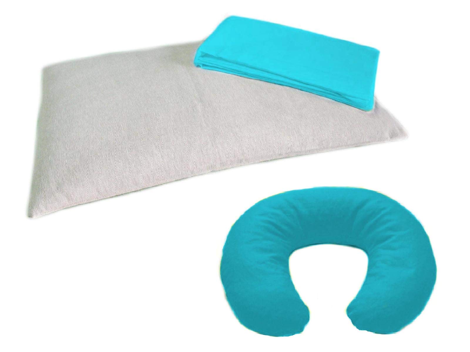 SET BIMBO in PULA DI FARRO -Azzurro- Guanciale per Lettino o Culla Neonato con Federa Lavabile e Cuscino per Collo Bambino, Poggiatesta Baby da Viaggio, Ideale per Passeggino o Automobile