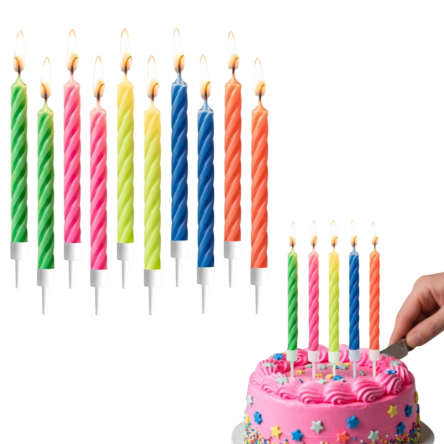 AEX Pack of 10 Multicolour Birthday Candles with Holders | Spiral Cake Candles for Cakes | Non-Toxic Wax Birthday Cake Candle Set | Party Candles for Birthday, Anniversary & Celebration Cakes