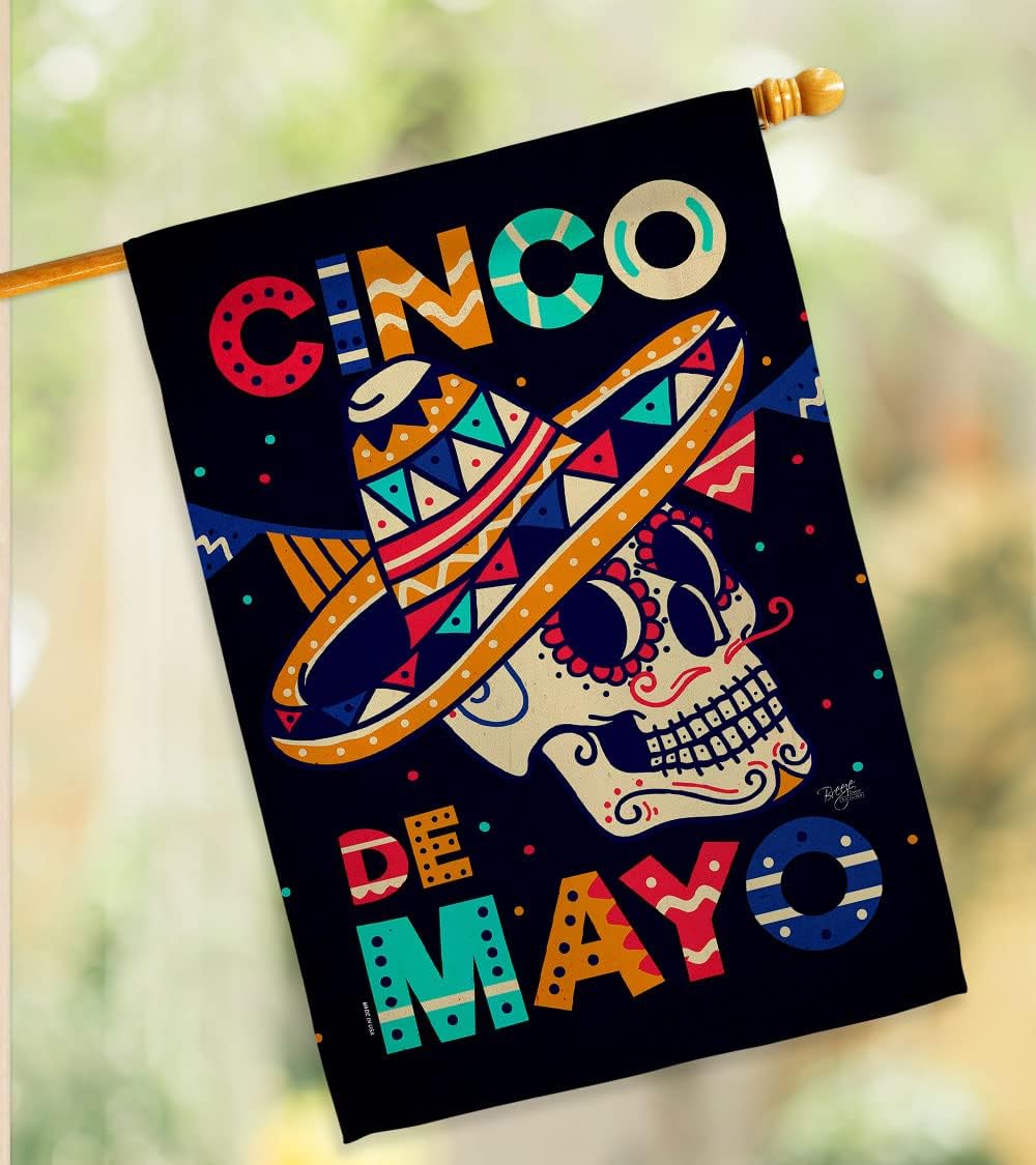 Breeze Decor Skull Cinco De Mayo House Flag 2 pcs Pack Summer Party Cactus Pinata Sombrero Fiesta Outdoor Decoration Banner Small Garden Yard Double-Sided, Mexican Independence Day Gifts Made in USA