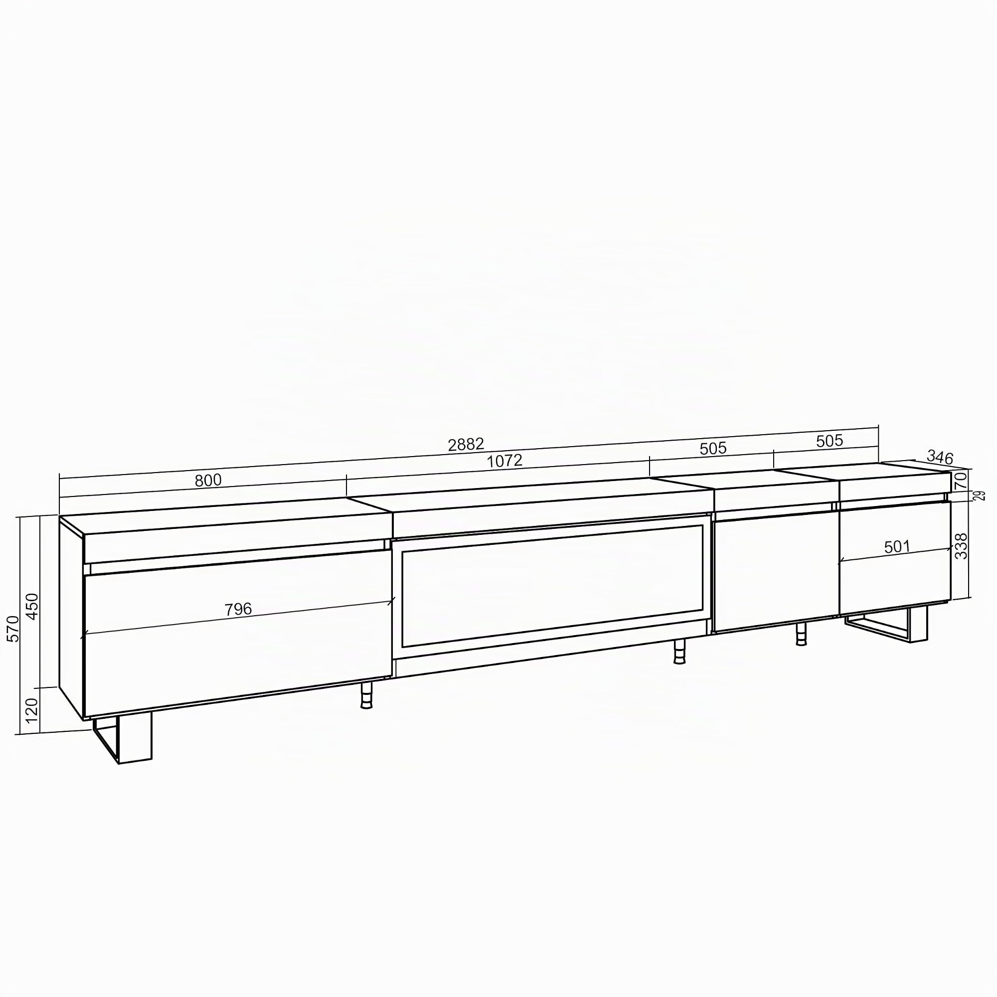 Skraut Home | Mueble TV | Televisión | Muebles de salón, almacenaje | 288x57x35 cm | para TV Gran Formato | Chimenea eléctrica XXL | Diseño Industrial | Estilo Moderno | Cemento