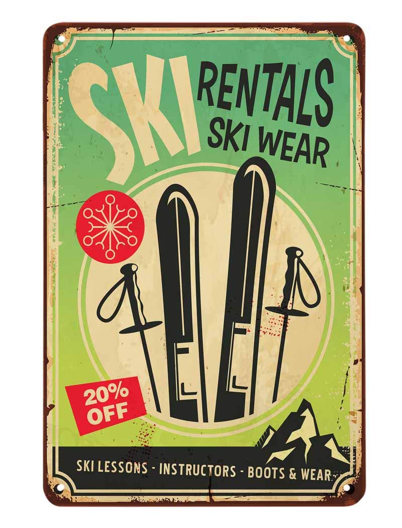 SMAZDFXX Ski Wear Ski Lessons Instructors Boots Metal Tin Sign for Cafes Bars Pubs Shop Wall Decor Funny Retro Sign 8"x12"