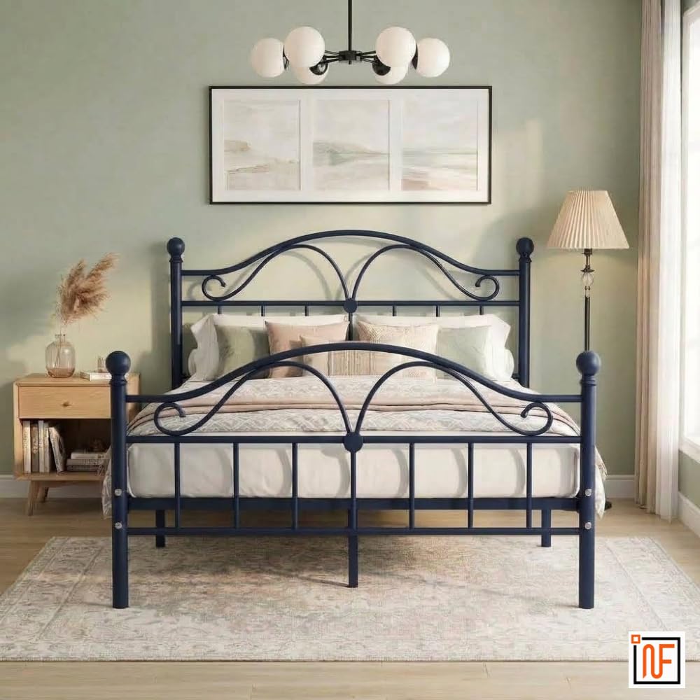 Zain NAMARIQ: Arched Aesthetic Wrought Iron Metal Bed Cot - Without Inbuilt Storage - Bedroom Living Room Furniture - Mattress Included - Powder Coated Blue Color - 6x5 FT Queen Size-image-0