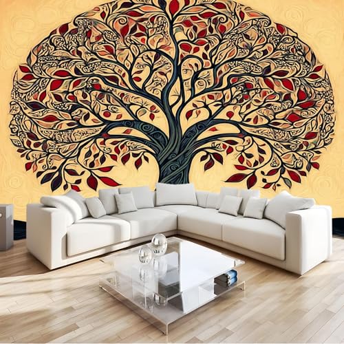 Fotomurales Papel pintado 308 x 220 cm Arte Mural de pared Patrón De Remolino De Árbol Retro, Moderna Decoración Tejido no Tejido Decoración De Pared Sala Cuarto, Amarillo Papel pintado mural
