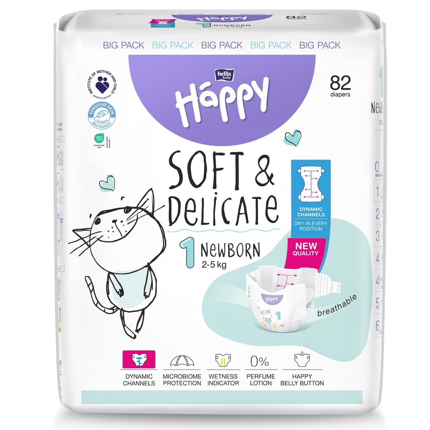 bella baby Happy Premium Windeln Größe 1 Newborn 2-5kg 246 Stück, DERMATEST & OEKO TEX Siegel, Einweg Babywindeln für Neugeborene