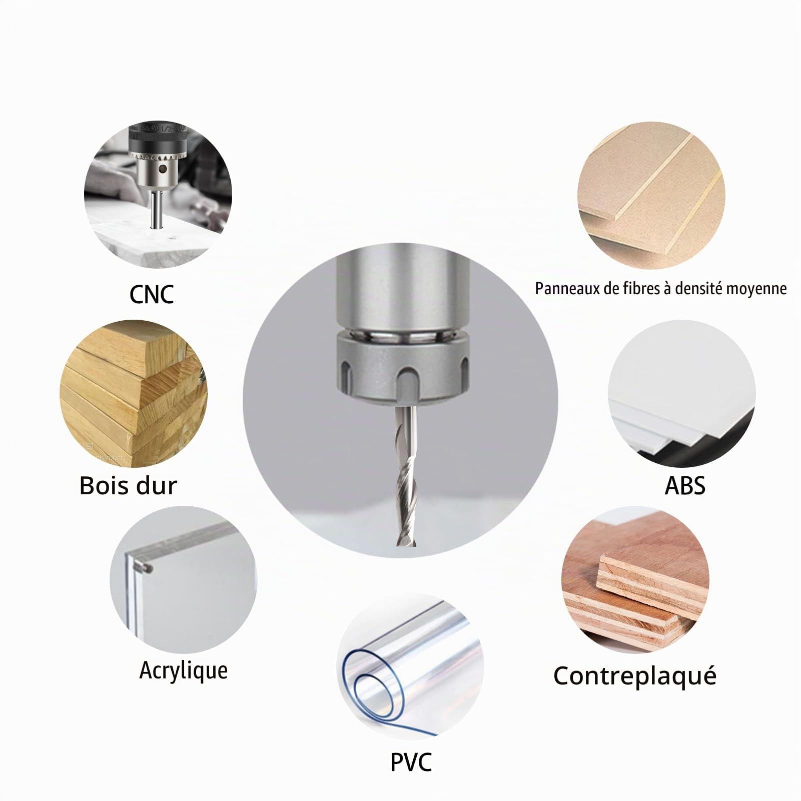 Lot de 5 fraises CNC, tige de 6 mm, diamètre de coupe de 6 mm, longueur de coupe 42 mm, Upcut 2 flûtes, routeur pour couper le bois