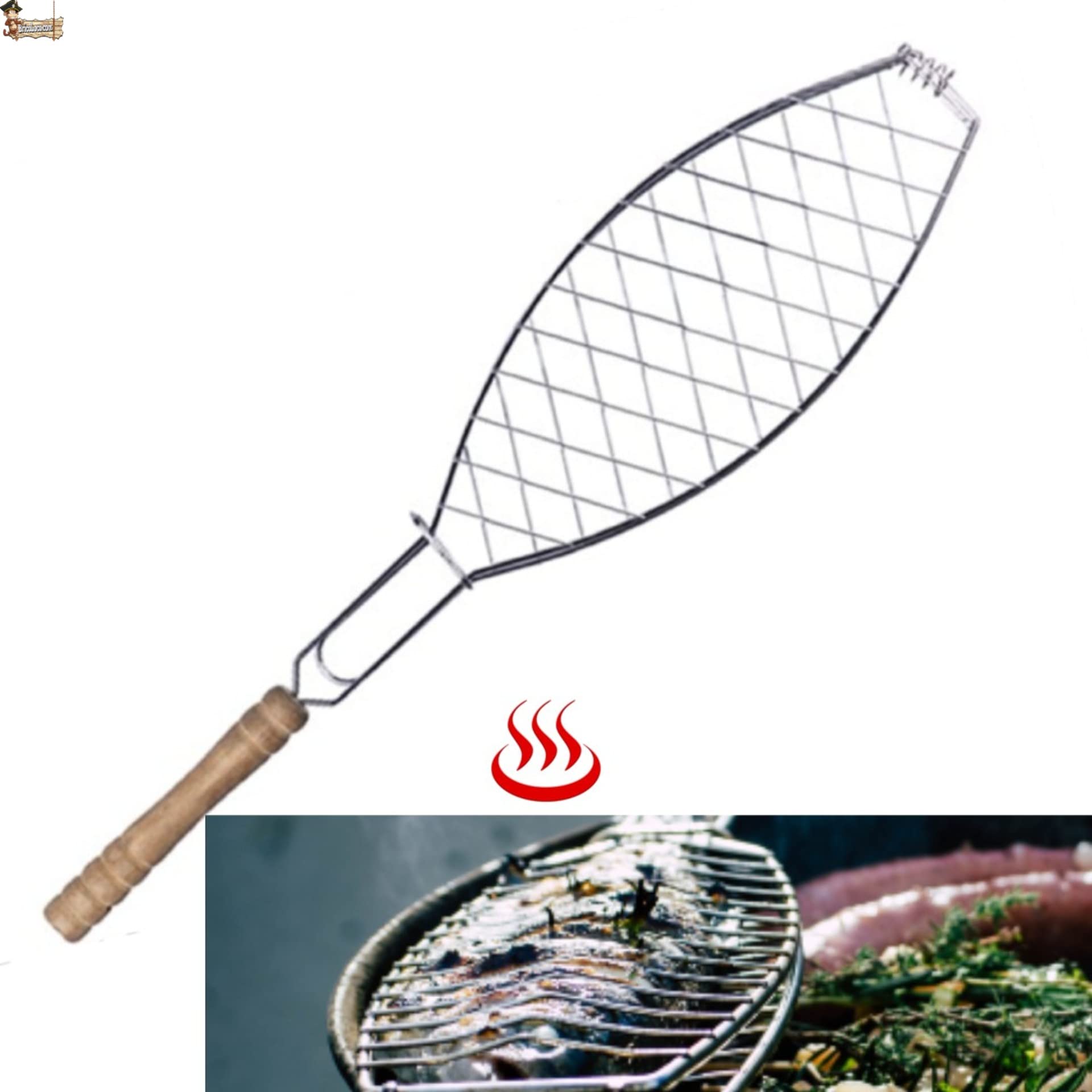 BricoLoco.com Grill Ryby Grill Grill ze stali nierdzewnej BBQ Grill Grill Grille na węgiel drzewny, drewno opałowe, węgiel i kominek. 55x12 cms. Jakość drewna uchwyt. (2)