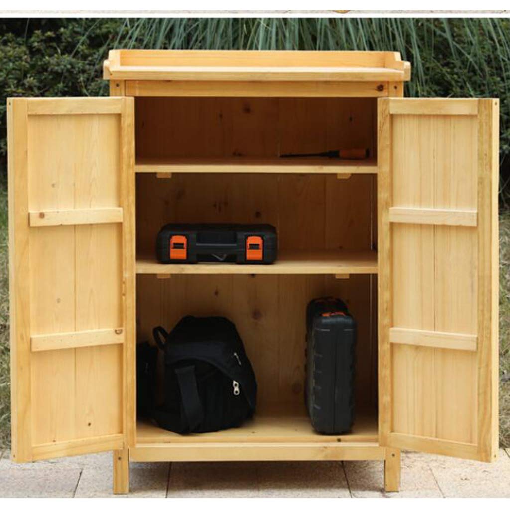 Cobertizo de jardín con piso para almacenamiento de herramientas al aire libre, organizador de herramientas con estantes y puertas de madera para patios traseros (color madera)