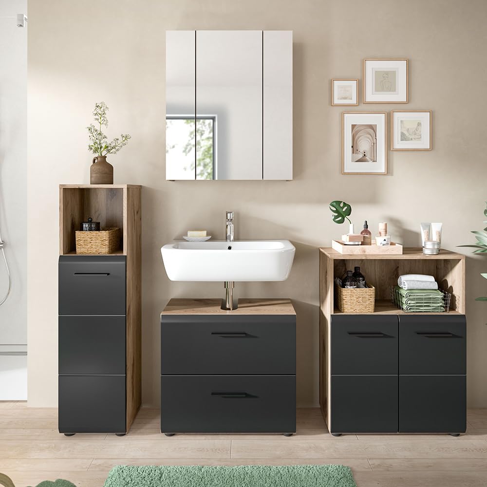Lomadox Badezimmer Badmöbel-Set 4-teilig in Eiche mit schwarz matt, mit 1 Midischrank, 1 Unterschrank, 1 Spiegelschrank mit 3D-Funktion & 1 Waschbeckenschrank