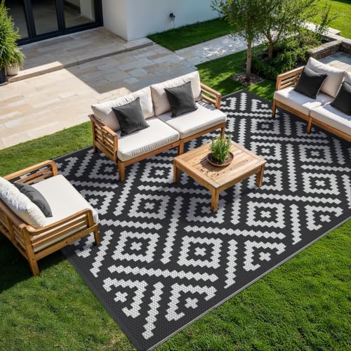Image of GENIMO Outdoor Rugs 8x10 Waterproof, Reversible Mats, Area Plastic Straw Rug, Outside Carpet, Geometric Rv Mat for Patio Camping Picnic Backyard Deck Balcony Porch Beach Trailer (Black & White)