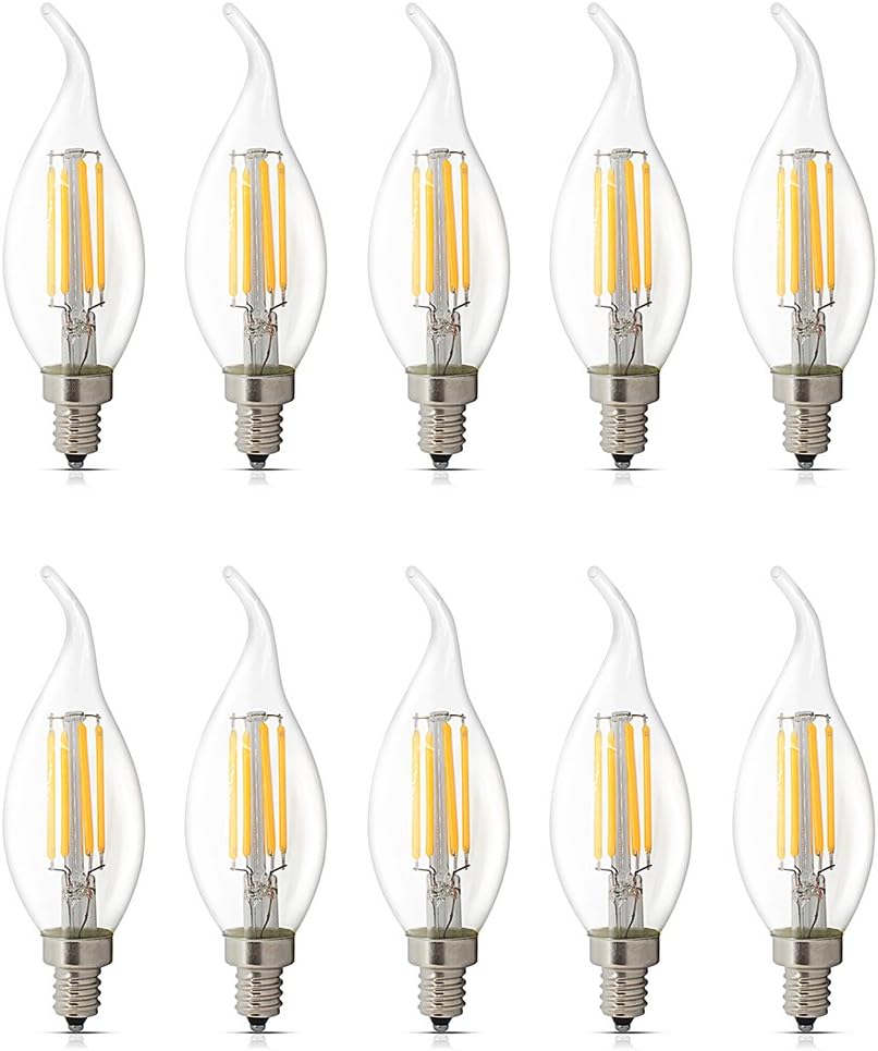 10 Pack E14 LED Dimmable 4W Warm White 2700K, C35 Bent Tip Flame Shape, Vintage Led Chandelier Light Bulbs, 40w Candelabra Halogen Bulb, LED Candle Filament Bulb Light