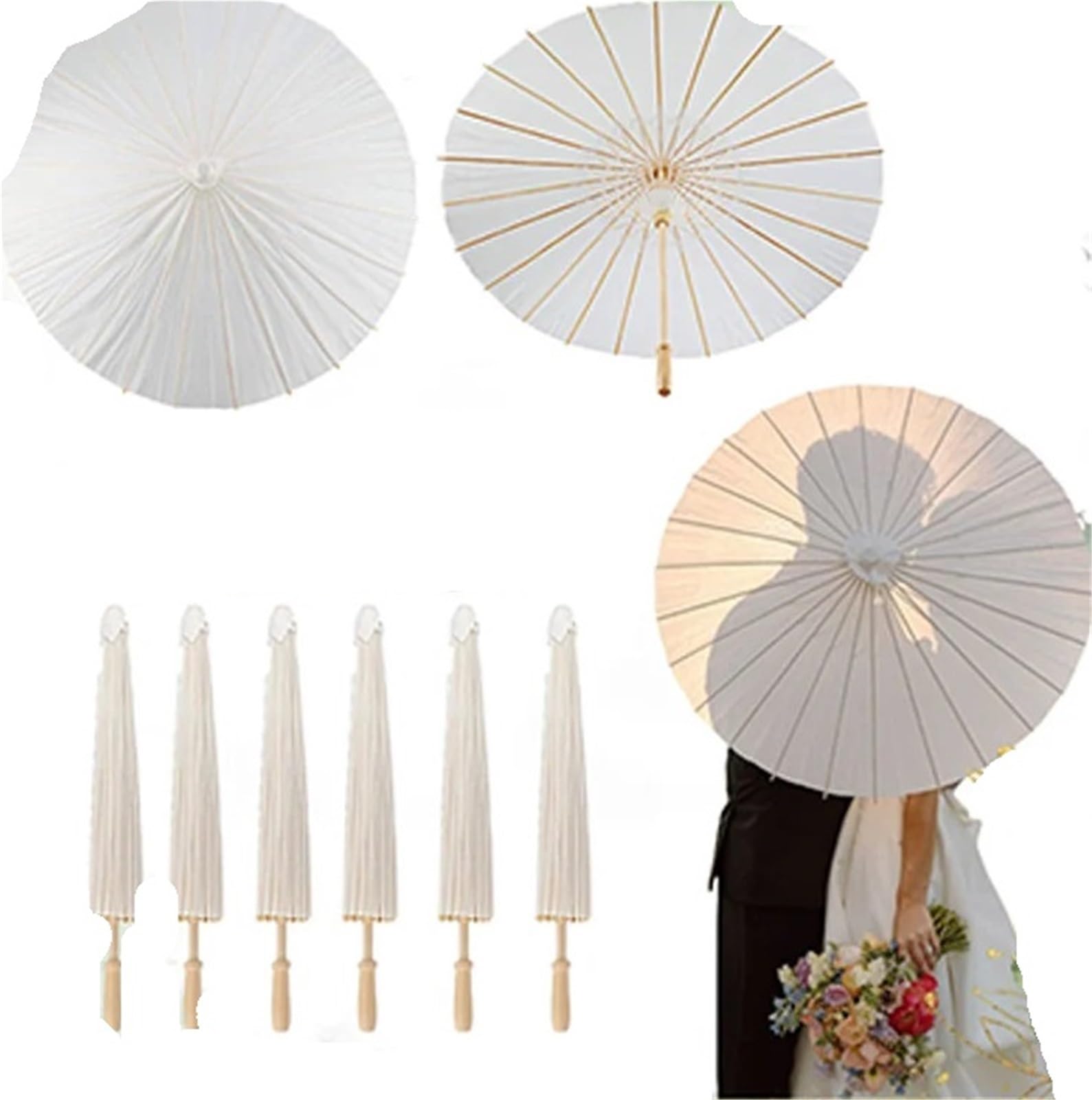 Sombrillas de Papel 84 cm for Bodas, Madera, for decoración Fiestas Nupciales (Blanco, Rosa y Azul), 6, 8, 10 12 Unidades para Boda Y Fiesta Nupcial, Foto
