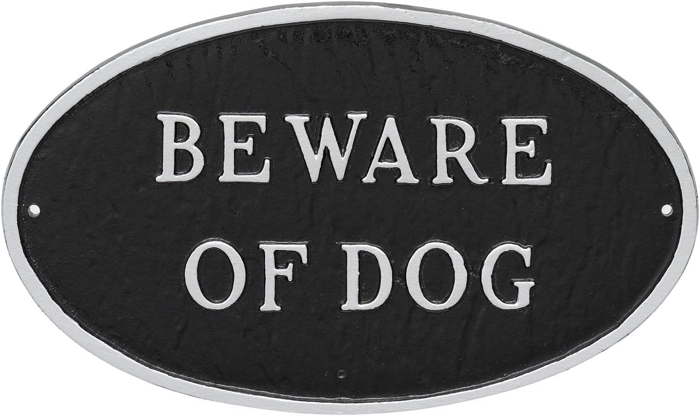 10" x 18" Large Oval Beware of Dog Statement Plaque Sign - Black/Silver