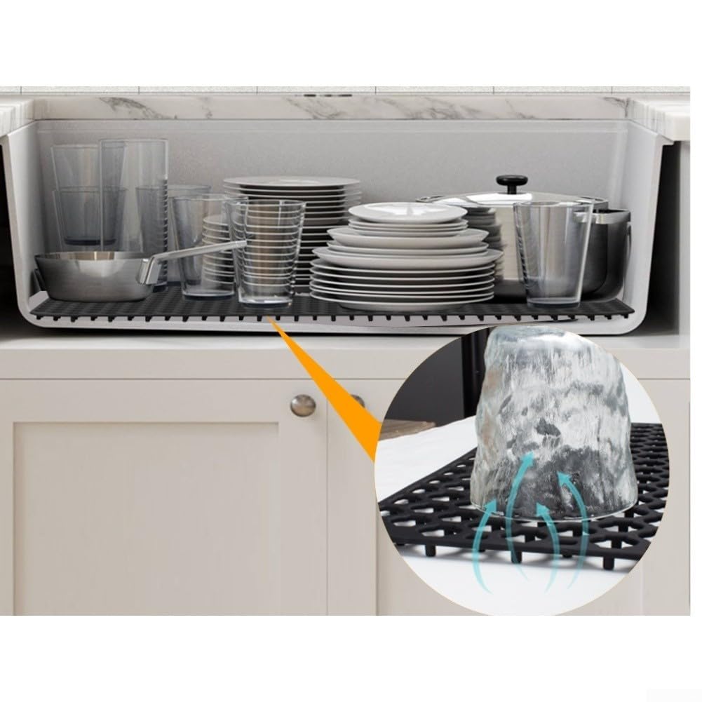 Tappetino in silicone per lavello da 66 cm, con fori di scarico integrati, antiscivolo, scolapiatti da cucina e da bagno, colore nero