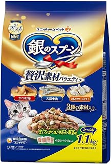 銀のスプーン キャットフード 贅沢素材バラエティ まぐろ・かつお・ささみ・野菜味に天然小魚・かつお節・ほたて味フレーク添え 1.1キログラム (x 1)