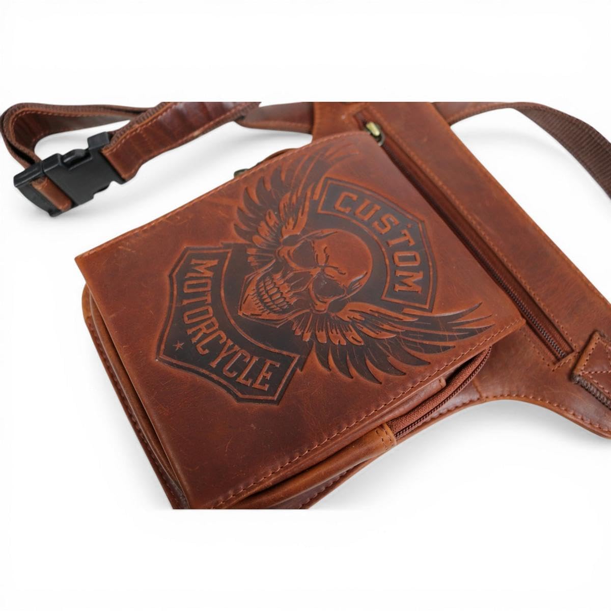 Biker Beintasche Herren Leder, Motorrad Hüfttasche Vintage, Drop Leg Bag mit Oberschenkelgurt, Custom Skull Design (Glatt Braun)