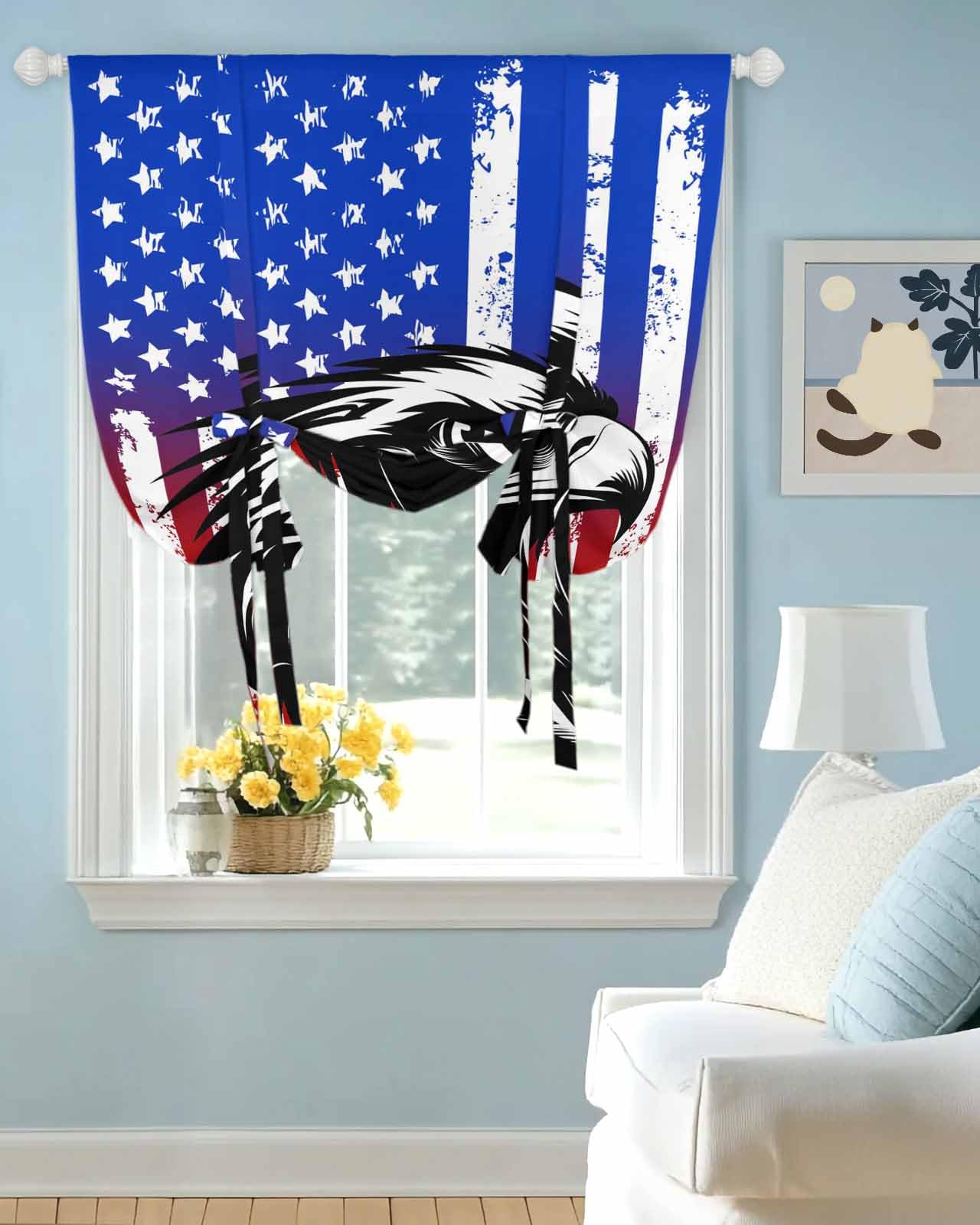 Tie Up Curtains for Windows Red White Star Striped Flag Rod Pocket Tie-Up Window Shade Adjustable Balloon Curtain Valance Vintage Black Eagle for Bedroom Kitchen Bathroom Blinds,42x45in