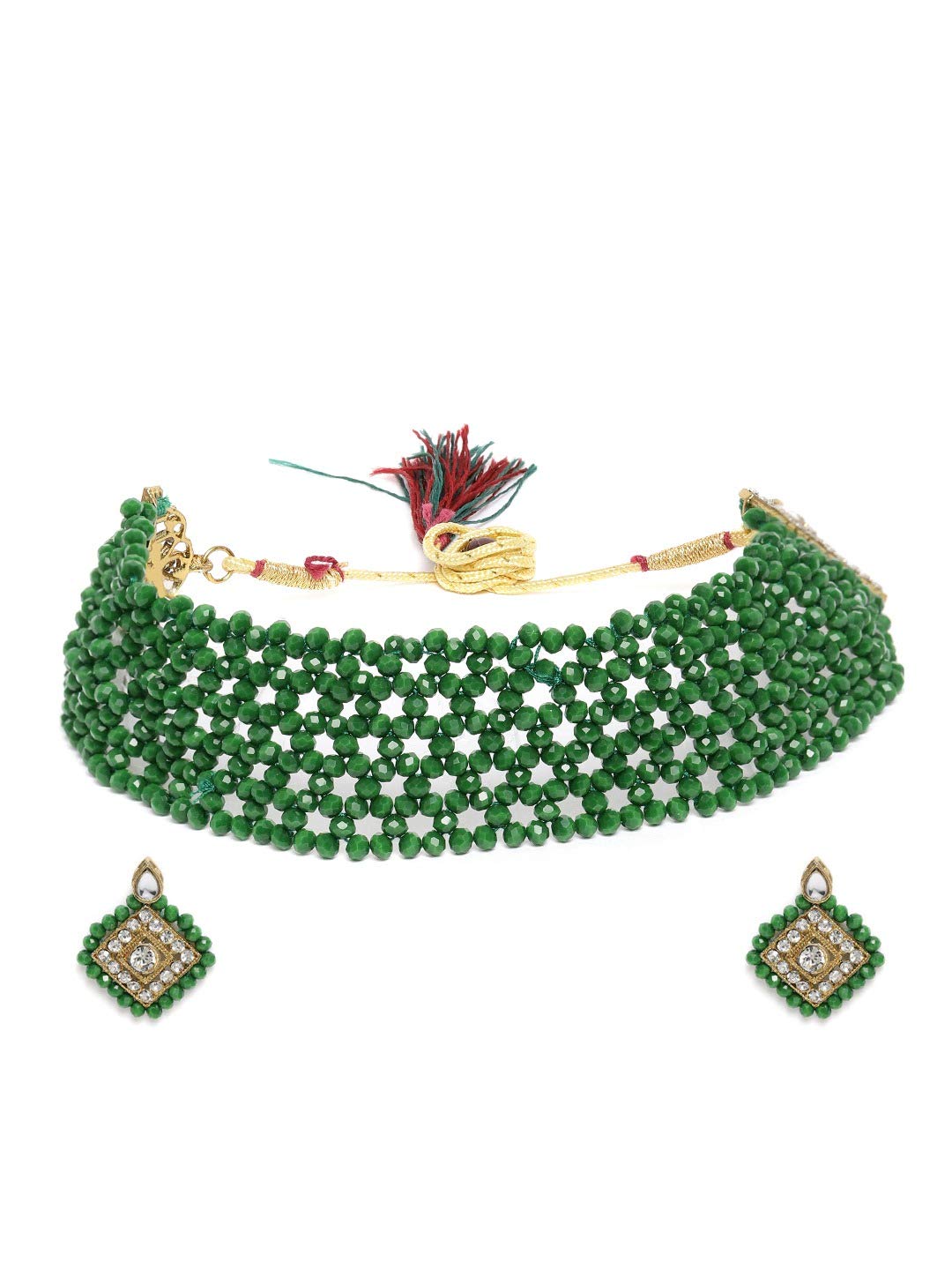 ZAVERI PEARLSGreen Crystal Shine Beaded Ethnic Necklace & Earring Set For Women-Zpfk9954, Onesize