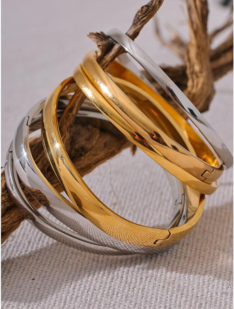 Mchic Bangle Bracelets for Women: 18K Gold/Silver Plated Stainless Steel Waterproof Bangles for Small Wrists Non Tarnish Closed Oval Cuff with Openable Gold Jewelry - Image 5