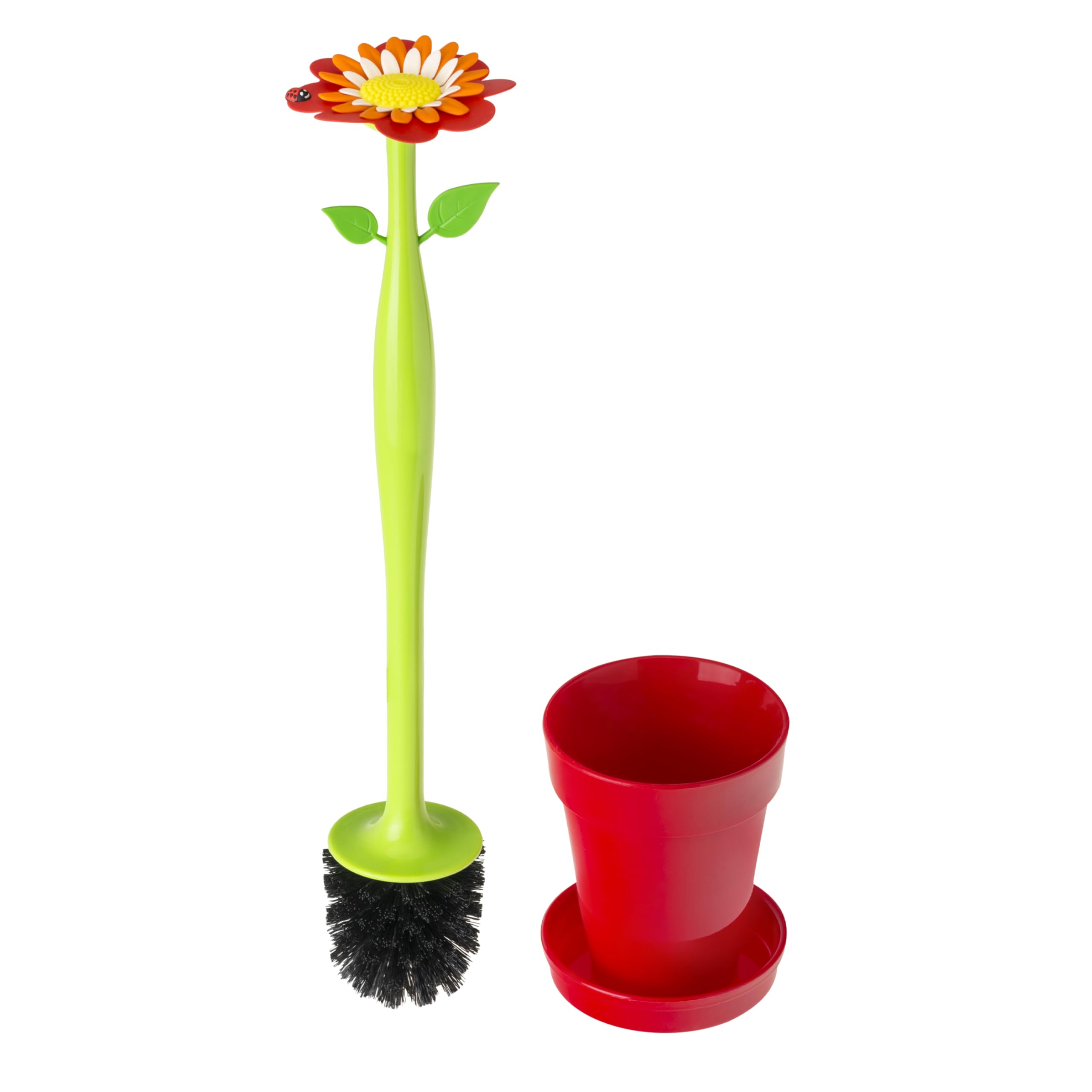 Vigar Flower Power Toilet Brush and Holder Set, Toilet Bowl Cleaner with Daisy-Shaped Handle, Flowerpot Base and Saucer, for House and Bathroom, Red