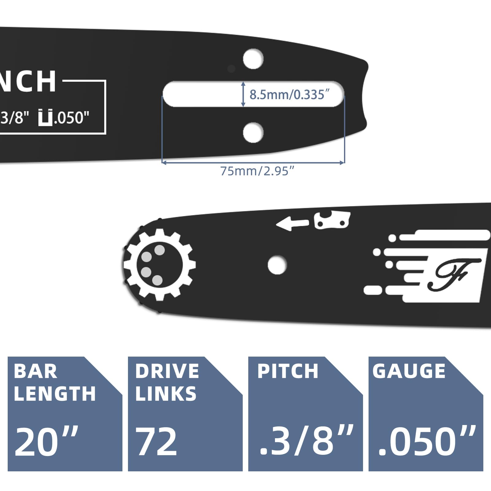 Combo de barra de motosierra y cadena de 20 pulgadas para Husqvarna 50.8 cm 72 eslabones de transmisión de 3/8 pulgadas de paso de 0.50 pulgadas para Husqvarna 455 Rancher 555 Rancher 570 576XP 257