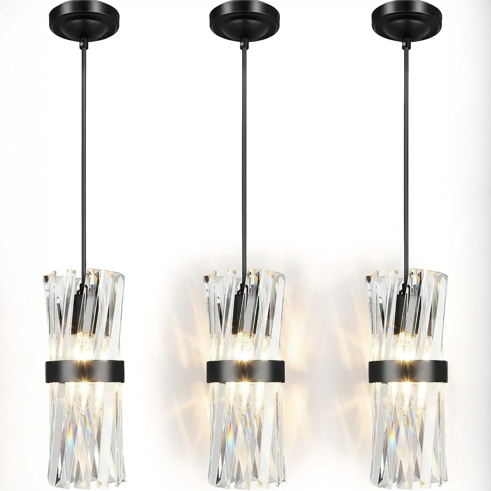 Photo 1 of Ken & Ricky Crystal Pendant Light 3 Pack,Black Industrial Island Lights for Kitchen, Hanging Light Fixture, Adjustable Small Chandelier for Dinning Room Bathroom Bedroom