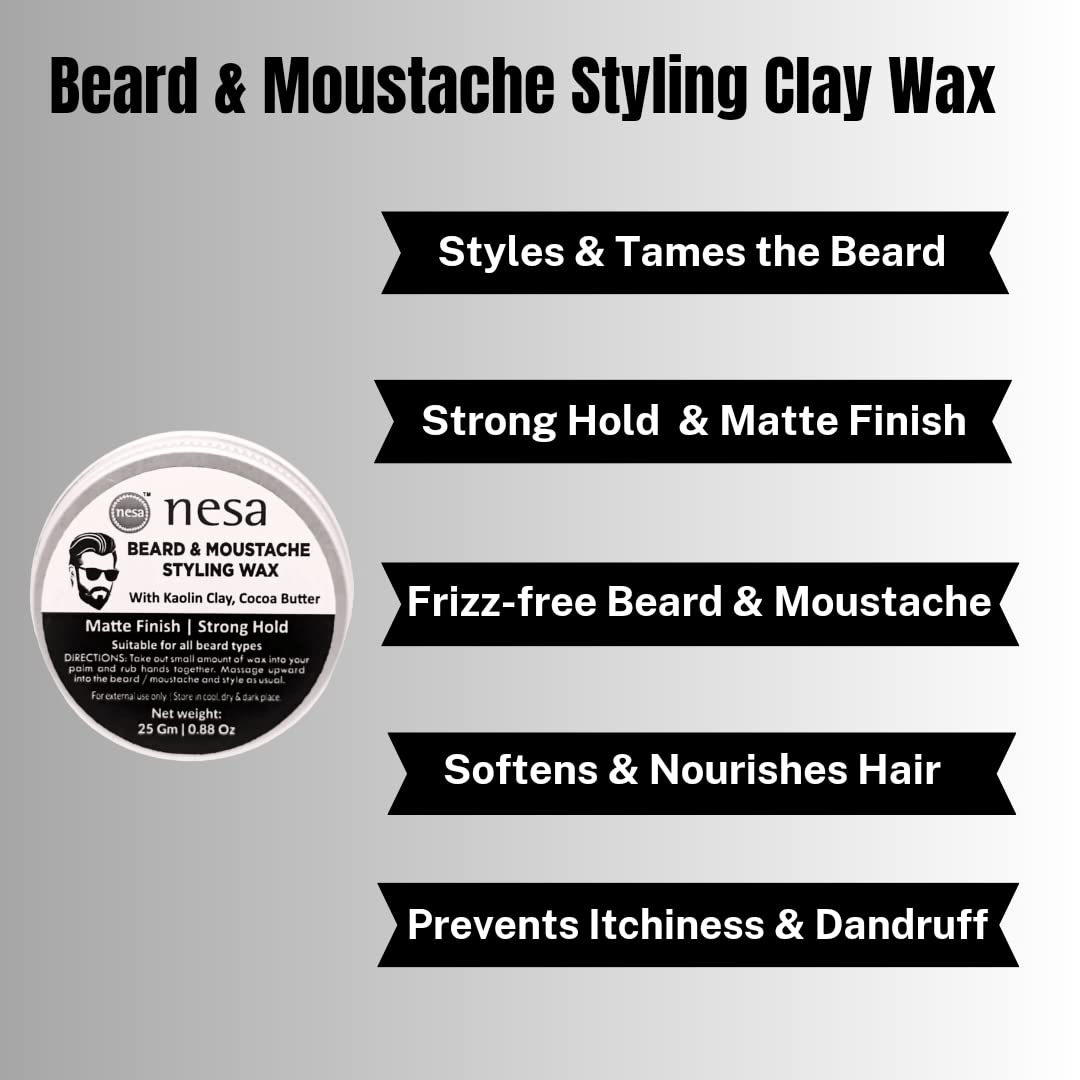 Nesa Beard & Moustache Clay Wax for Men - 25 g | Natural Matte Finish and Strong Hold | Enriched with Kaolin Clay and Cocoa Butter 1