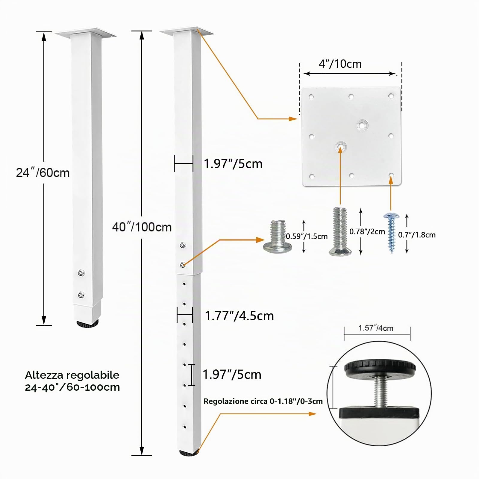 QLLY Set di 4 gambe da tavolo quadrate regolabili, da 60 a 100 cm, per casa e ufficio, fai da te, bianco