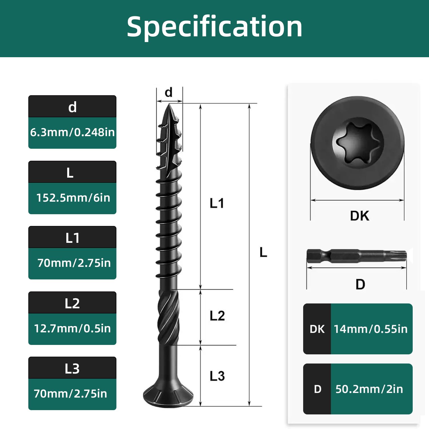 50Pcs Washer Head Heavy Duty Construction Structural Timber Screws,6.3 x 150mm Torx Wood Screws,Carbon Steel Black Oxide Coated Composite Decking Screws for Wood & Metal,with T30 Torx Bit - Image 2