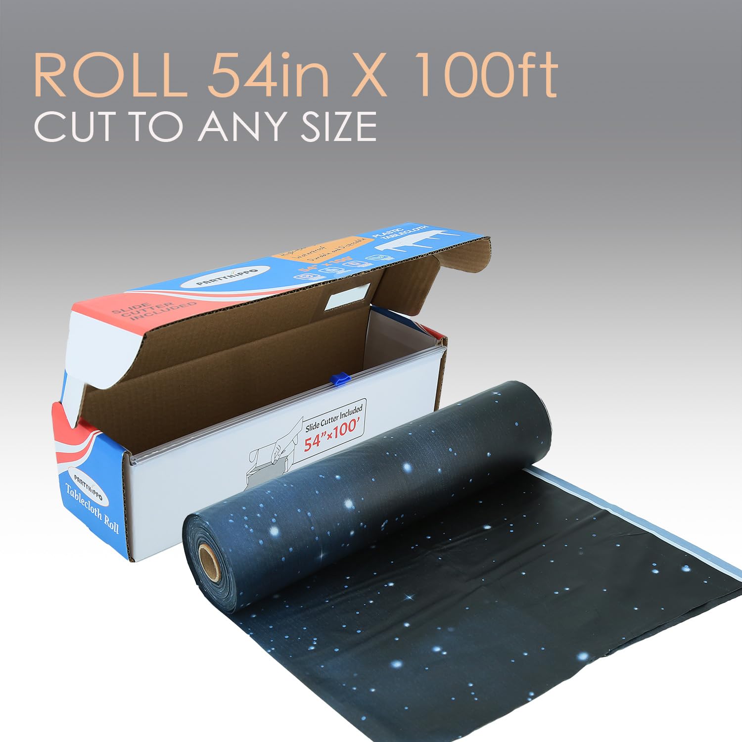 Rollo de mantel de plástico, manteles de plástico desechables de 54 x 100 pies para fiestas, con caja cortadora, mantel desechable cortado a medida para rectángulo y redondo (cielo