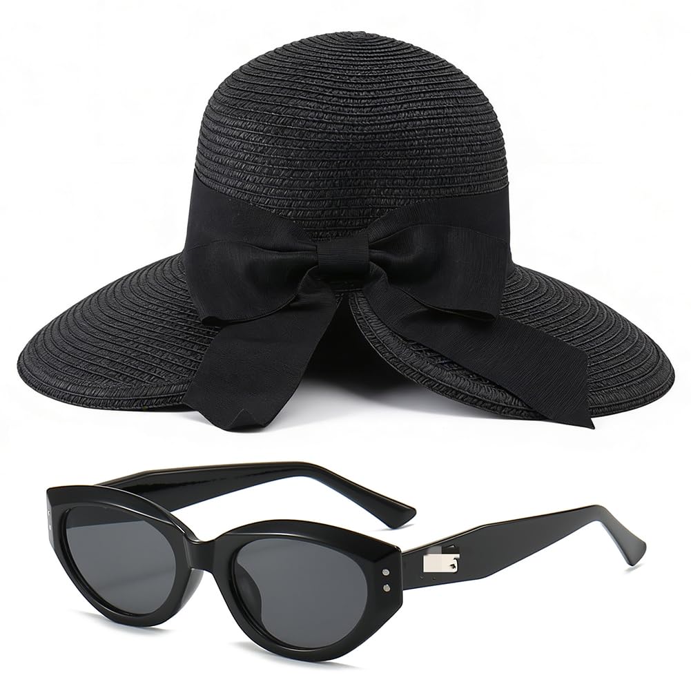 JynxtoyZeal Sun Hats for Women Straw Hat with Sunglasses Travel Foldable Beach Sun Hat Summer Wide Brim Straw Bucket Hat with Bowknot, Black