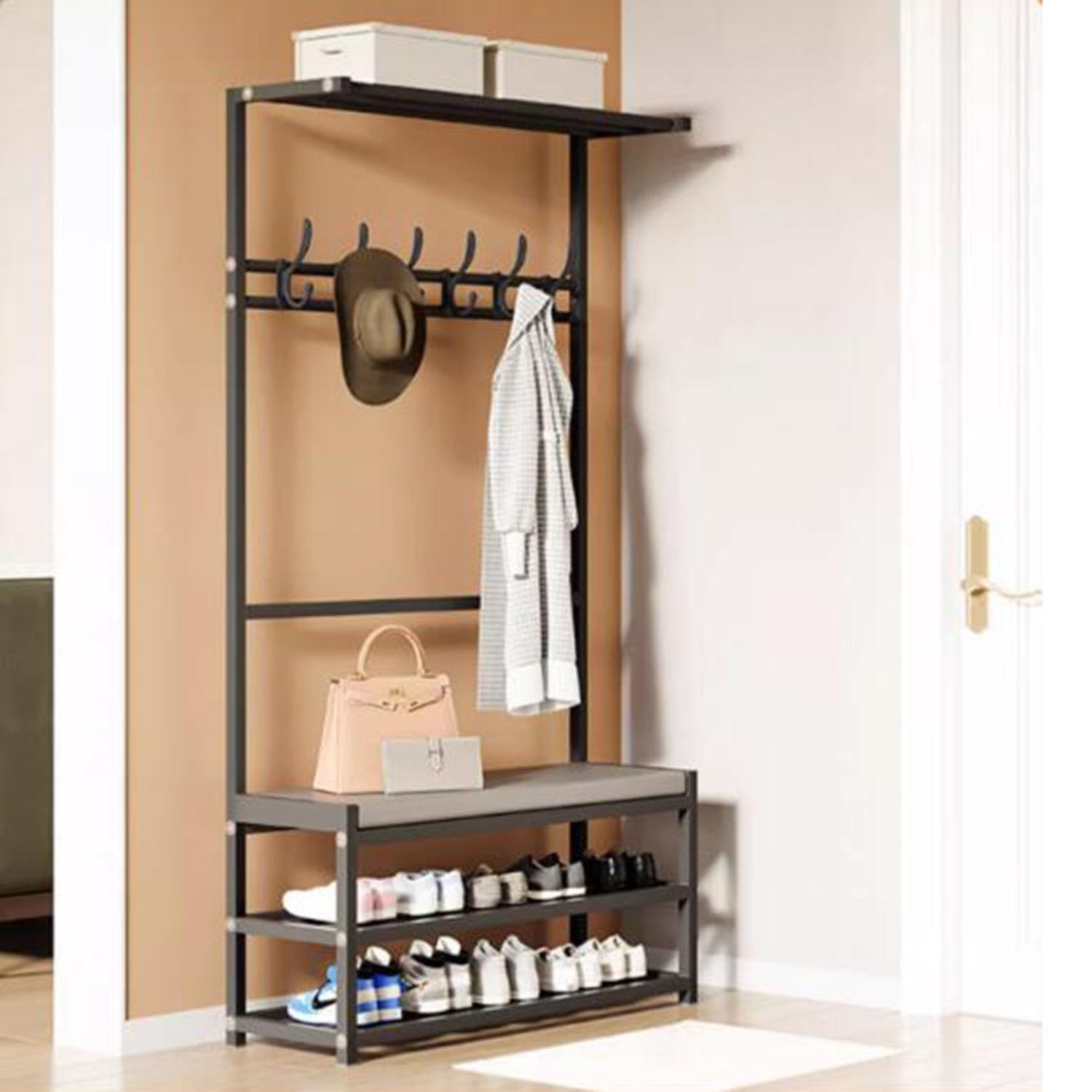 MYUYEE Metal Coat Rack With Shoe Bench And Hook, Multifunctional Entry Bench With Coat Rack, Lots Of Storage Space,Shoe Storage For 6-10 Pairs,Easy To Assemble For Living Room,(A-)