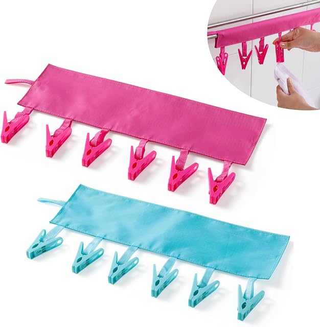 EQLEF® Clothes Line Pegs, Portable Folding Clothes Hanger Fabric Hangers Travel To Peg Six Clips on Clothesline 2 Pcs