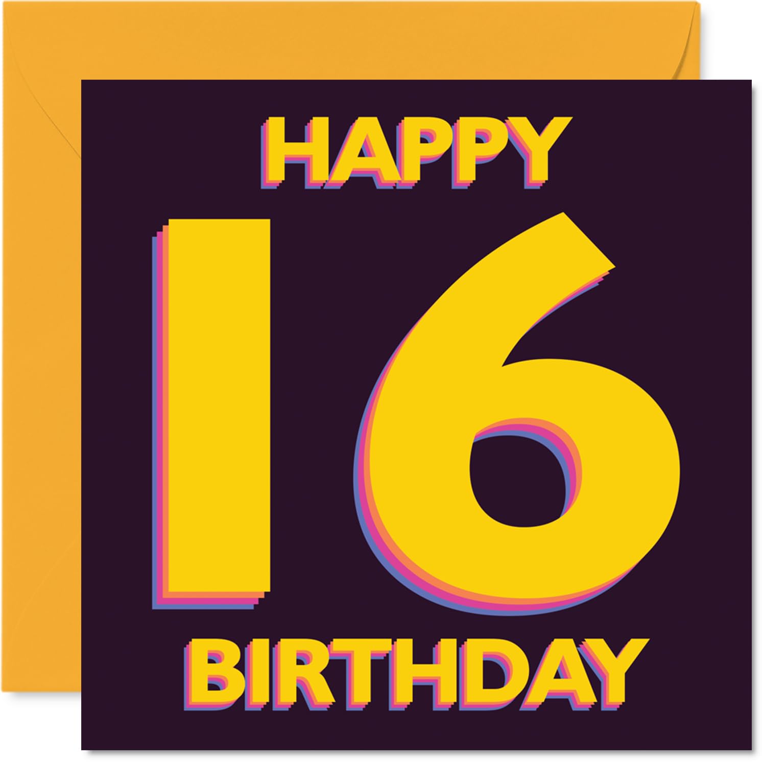 Playful 16th Birthday Card - Brighten Their Big Day - Bold Yellow and Purple 16th Motif Stands Out - 145mm Square, Envelope Included