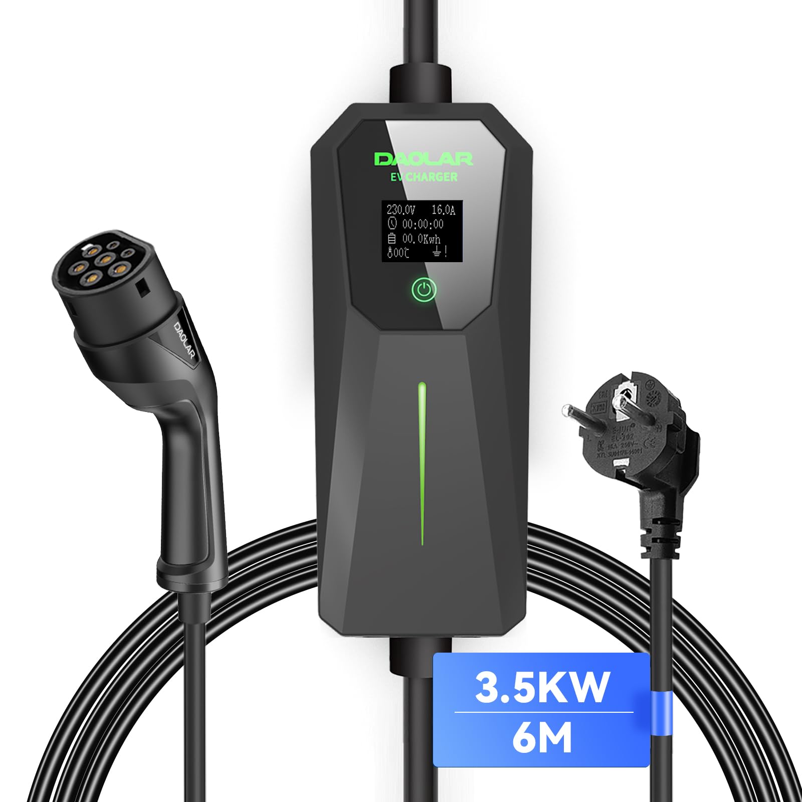 Chargeur Voiture électrique Type 2 - 3,5 KW, Câble 5m, Prise Schuko - Écran Tactile, Réglable 6-16A - Compatible BEV/PHEV - 5