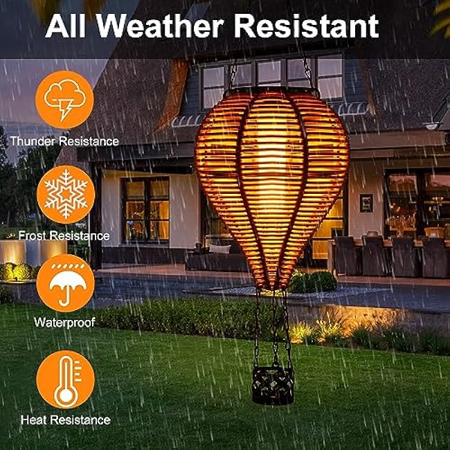 pearlstar Solar Hot Air Balloon Lantern with Flame Light Outdoor Hanging Solar Powered Lights Woven Solar Lantern Waterproof for Patio Yard Farmhouse Garden Wedding Holiday Decoration