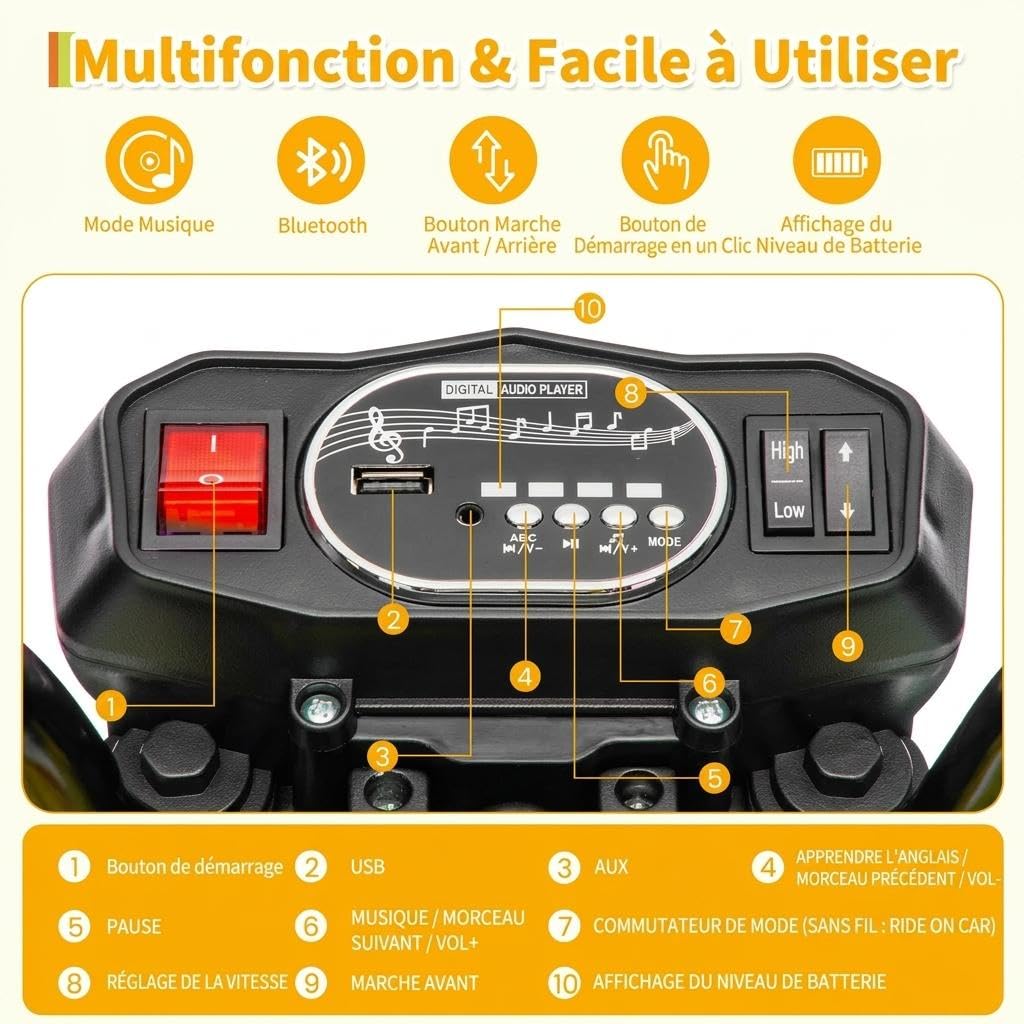 Moto Électrique Enfants avec Remorque et Benne-Pelle, 12V Voiture Électrique Enfants avec Musique et Bluetooth, Tuk-Tuk Électrique Enfant Voyant d'alimentation, LED, USB&AUX, 3+ Ans (Jaune)