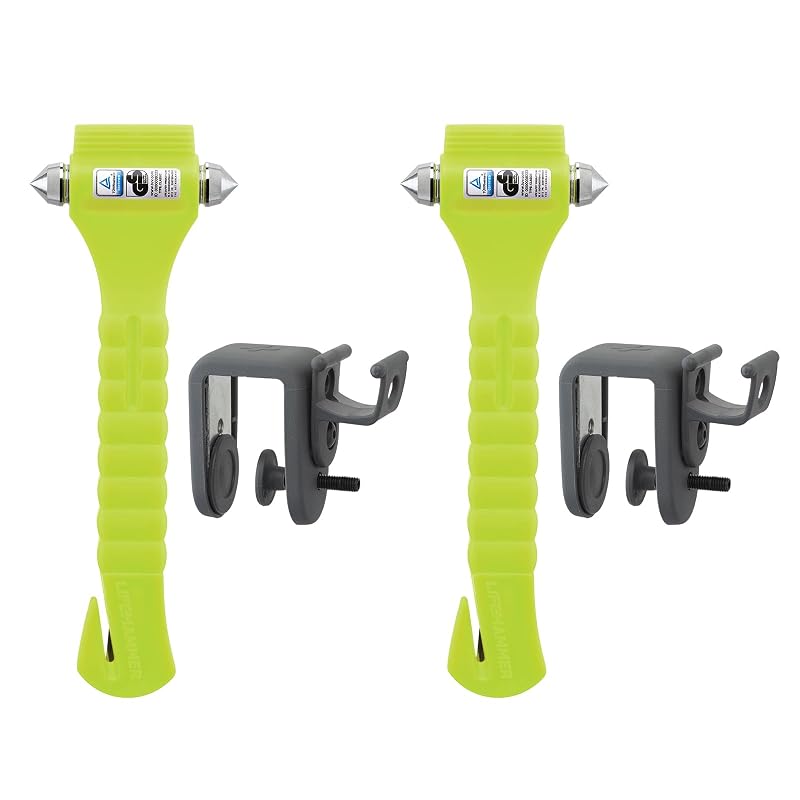 Martelo de emergência automotivo Lifehammer com quebra-vidro e cortador de cinto, amarelo com brilho no escuro, kit com 2 unidades