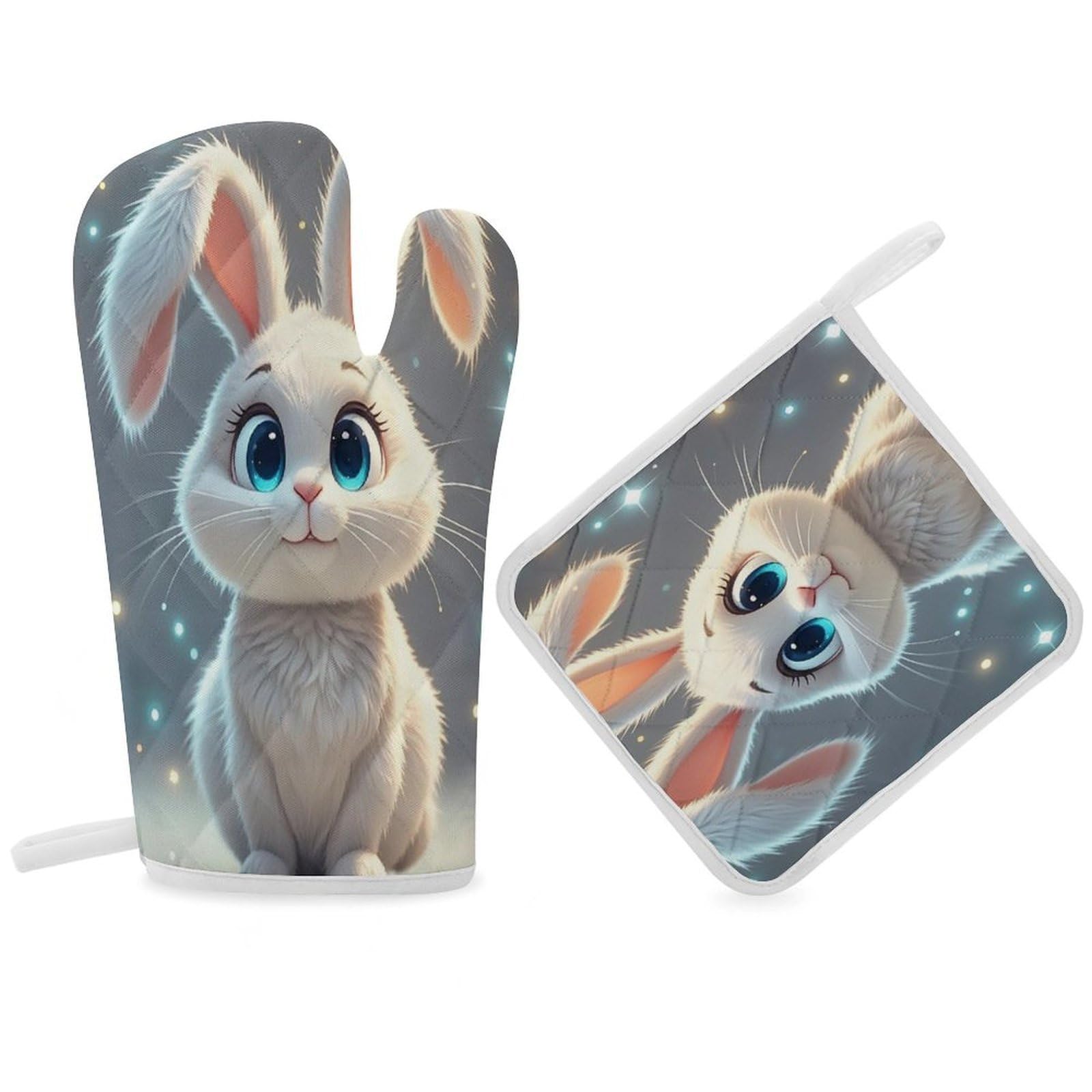 Cute Rabbit Oven Mitt Gloves and Heat Insulation Pads Double-Layer Thickened Heat Insulation Mitt Temperature Oven Gloves for Cooking Baking Grilling