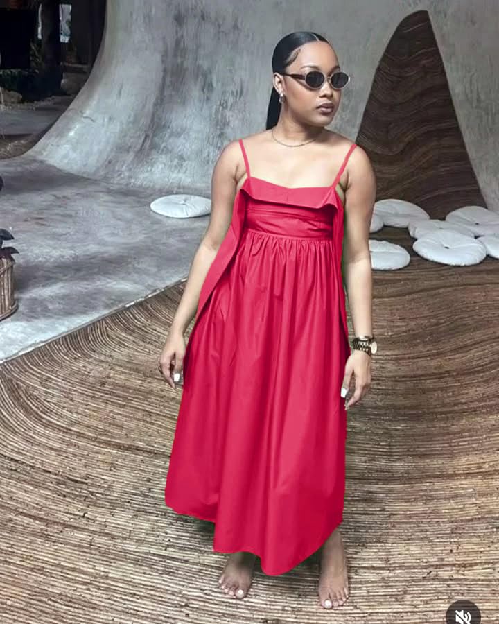 Image of YUEWOO Midi Dresses for Women Casual Summer Sundresses Vacation Outfits Spaghetti Strap Smocked Women Maxi Dress with Pockets