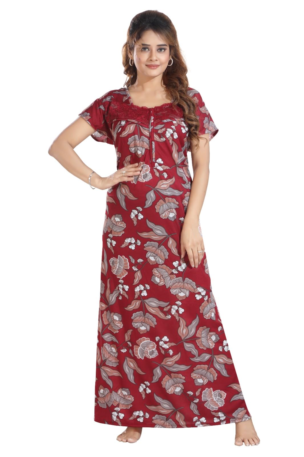 Women's Polka Dot Satin Floral Lace line Zipped Maxi Nighty | Beautiful Fancy Comfortable-picture-36
