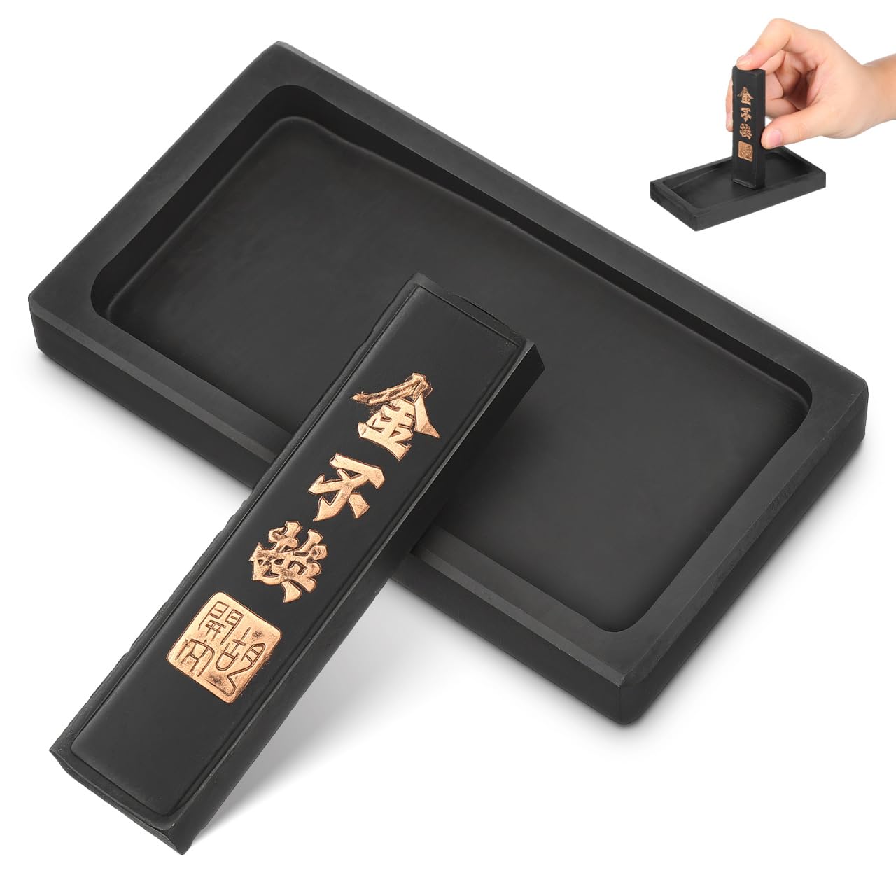 Healeved Chinese Inkstone Calligraphy Set Natural Rectangular Ink Stone 4-inch and 1 Liang Ink Stick for Writing, Drawing, and Painting Traditional Grinding Inkslab Preservation