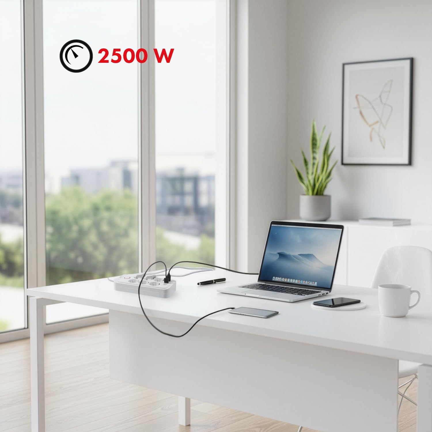 Maclean MCE389/391 Listwa zasilająca | 6 gniazdek 4xUSB 1xUSB-C 2500 W | przedłużacz biurkowy z wyłącznikiem | porty pod kątem 45° | montaż na ścianie (Biały, 6 gniazd + 4xUSB / 3m)